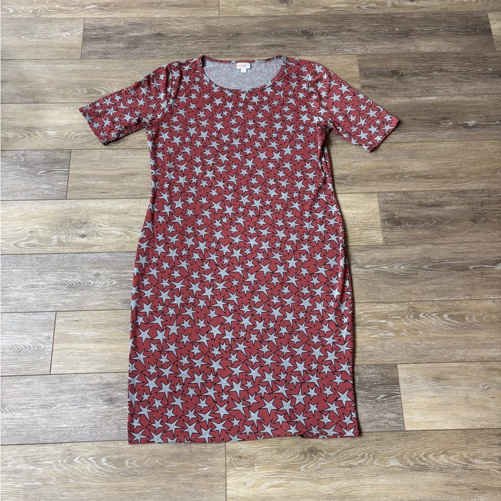 LuLaRoe Julia Dress Sz 2XL Heathered Red Stars American Patriotic Comfy Lounge